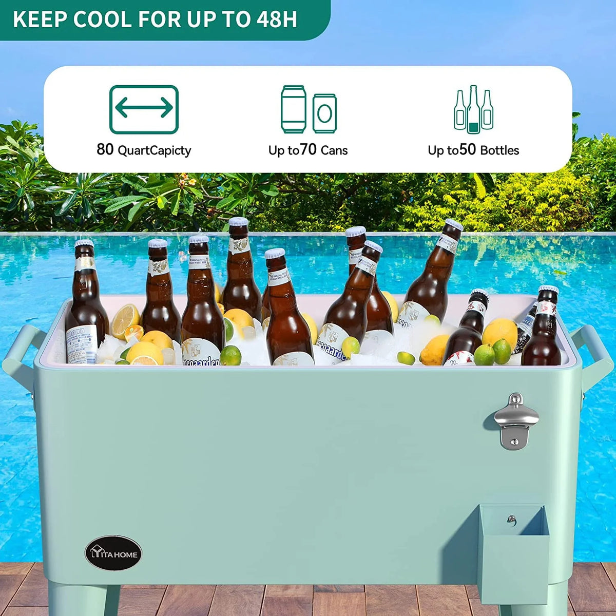 Dextrus 80 Quart Rolling Cooler Cart with Bottle Opener Drainage, Portable Patio Cooler Rolling on Wheels, Outdoor Rolling Beverage Cart Drink Cooler for Patio Pool Deck Party Cookouts