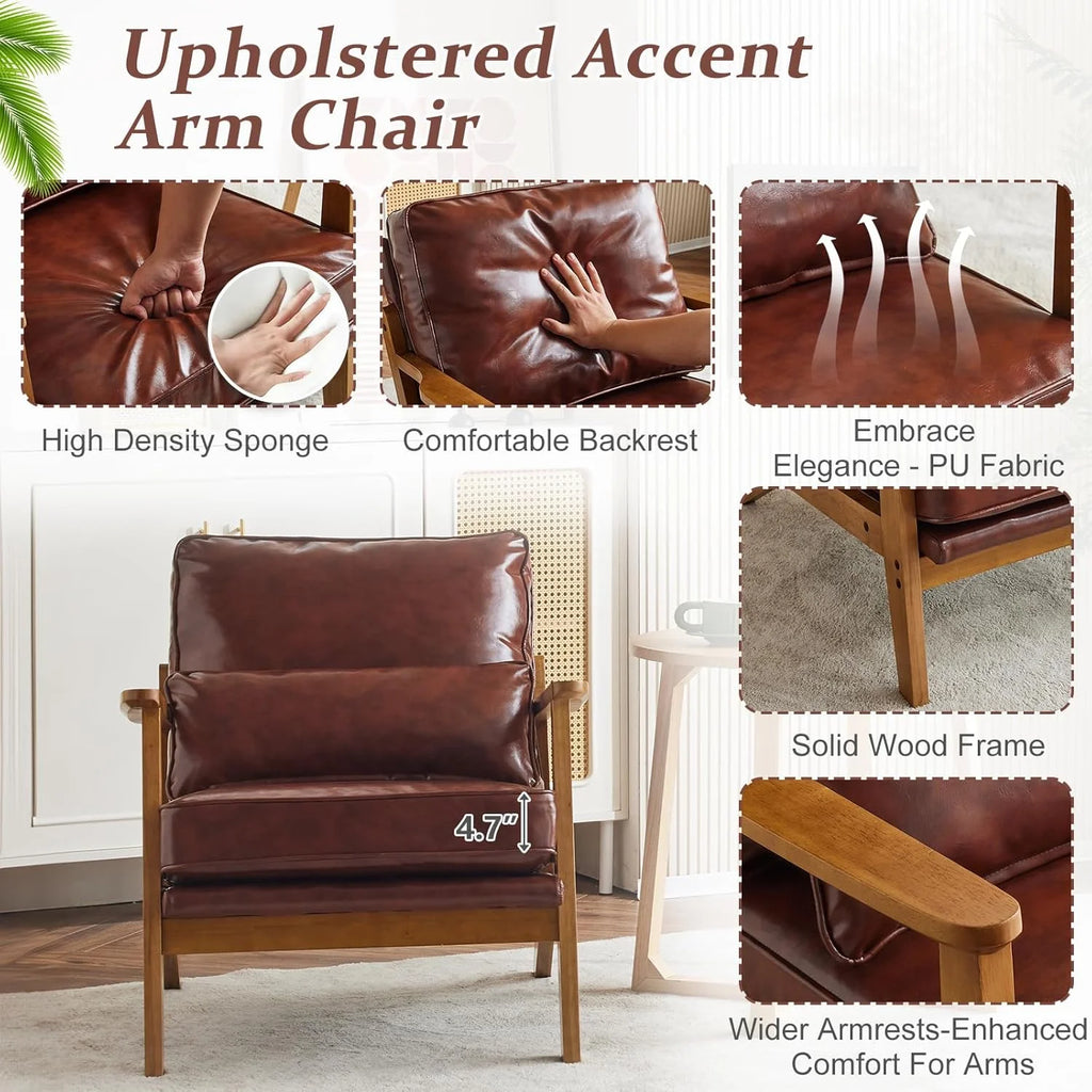 RWTFGV Solid Wood Wide Armrests Accent Chair,Upholstered Mid Century Modern Chair with Pillow,Comfy Reading Chair Farmhouse Arm Chair,Chairs Living Room,Bedroom,Guest Room,Linen Fabric,Beige