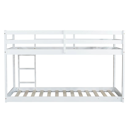 Twin Over Twin Floor Bunk Bed, UHOMEPRO Solid Wood Low Bunk Bed with Safety Rail, Ladder, Heavy Duty Bunk Beds, Space-Saving Bedroom Dorm Furniture, Gray
