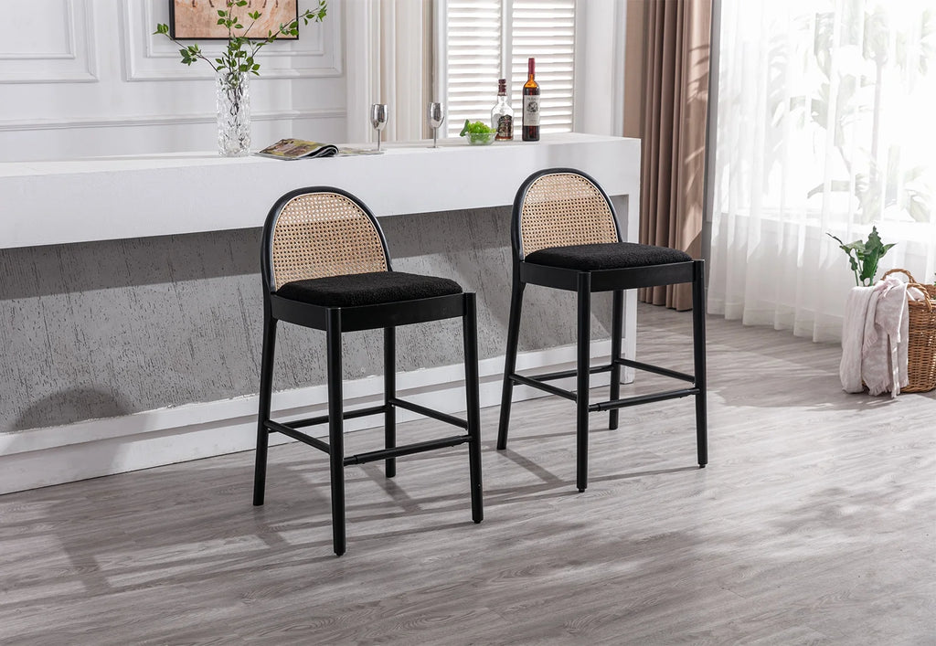 Guyou Modern Bar Stools Set of 2, 26" Counter Height Bar Stools with Natural Rattan Back and Solid Wood Frame, Sherpa Upholstered Kitchen Island Chairs for Bar Island Cafe Kitchen, Black