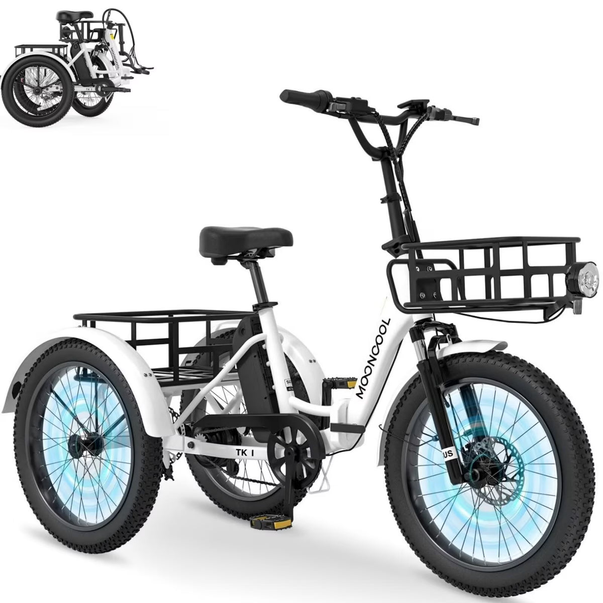 MOONCOOL TK1 Folding Electric Tricycle for Adults,48V 14.5Ah Removable battery, 500W（Peak 1000w）Motor, 20" Fat Tire Step-Thru 3Wheel Electric Bicycle w/Front&Rear Baskets, Certified to UL 2849 by SGS