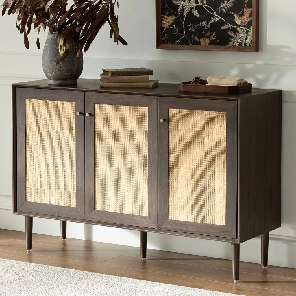 EYYTHUNG Farmhouse 3-Door Rattan Storage Cabinet, Solid Wood Entryway Buffet Sideboard