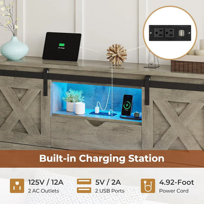 Twin XL Size Bed Frame with Headboard and Drawers, Farmhouse Twin XL Platform Bed Frame with LED Lights and Charging Station, No Box Spring Needed,Gray