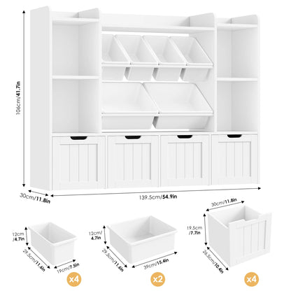 Hiphuta 3 Tier Kids Bookcase with Toy Storage Organizer, Wood Toy Organizer of 6 Boxes & 4 Removable Drawers, White