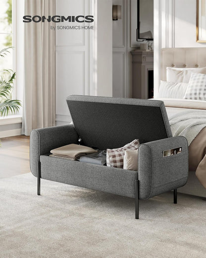 SONGMICS 46.5" Storage Ottoman Bench Storage Bench Bedroom Bench 330lb Load Capacity Solid Wood Legs Light Gray