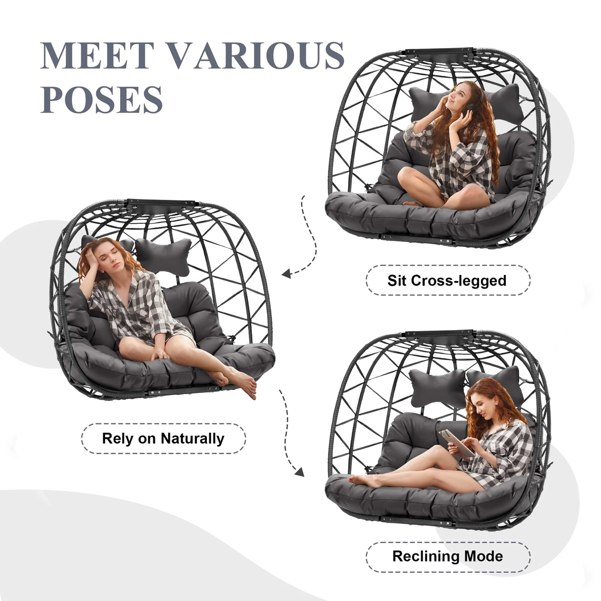 RADIATA Double Wicker Egg Swing Chair with Stand, 2-Person Hanging Egg Chair for Indoor/Outdoor, 700lbs Capacity, Thick Cushions & Headrest,Sturdy Metal Frame��Dark Gray