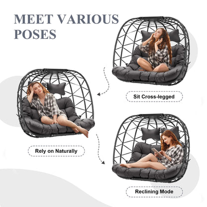 RADIATA Double Wicker Egg Swing Chair with Stand, 2-Person Hanging Egg Chair for Indoor/Outdoor, 700lbs Capacity, Thick Cushions & Headrest,Sturdy Metal Frame��Dark Gray