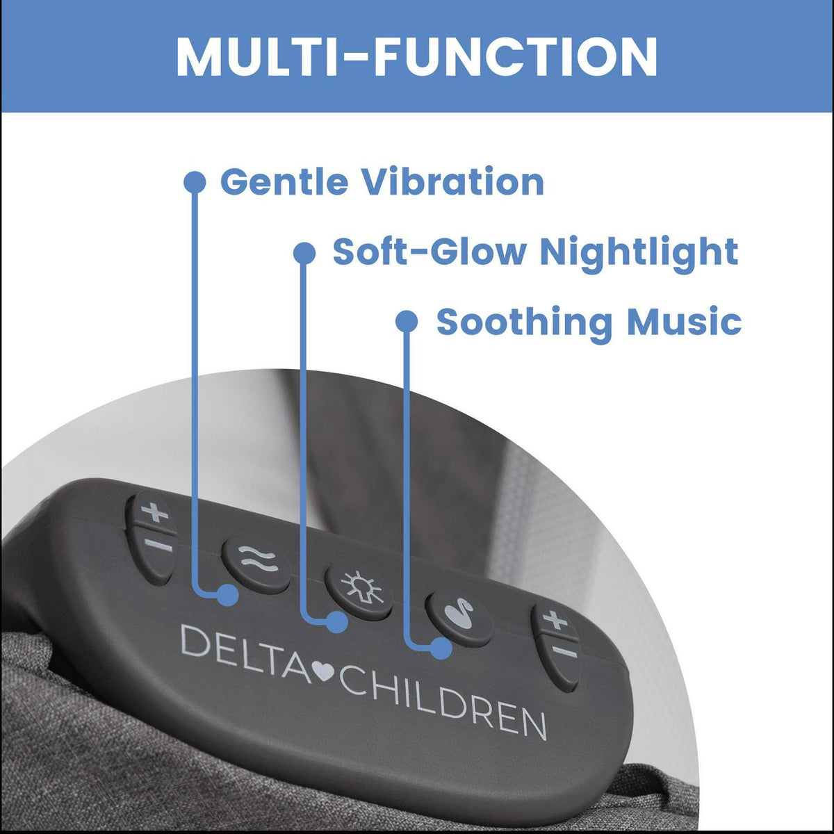 Delta Children TravelMate Compact Fold Bassinet - Features Lights. Sounds and Vibration. Grey Tweed