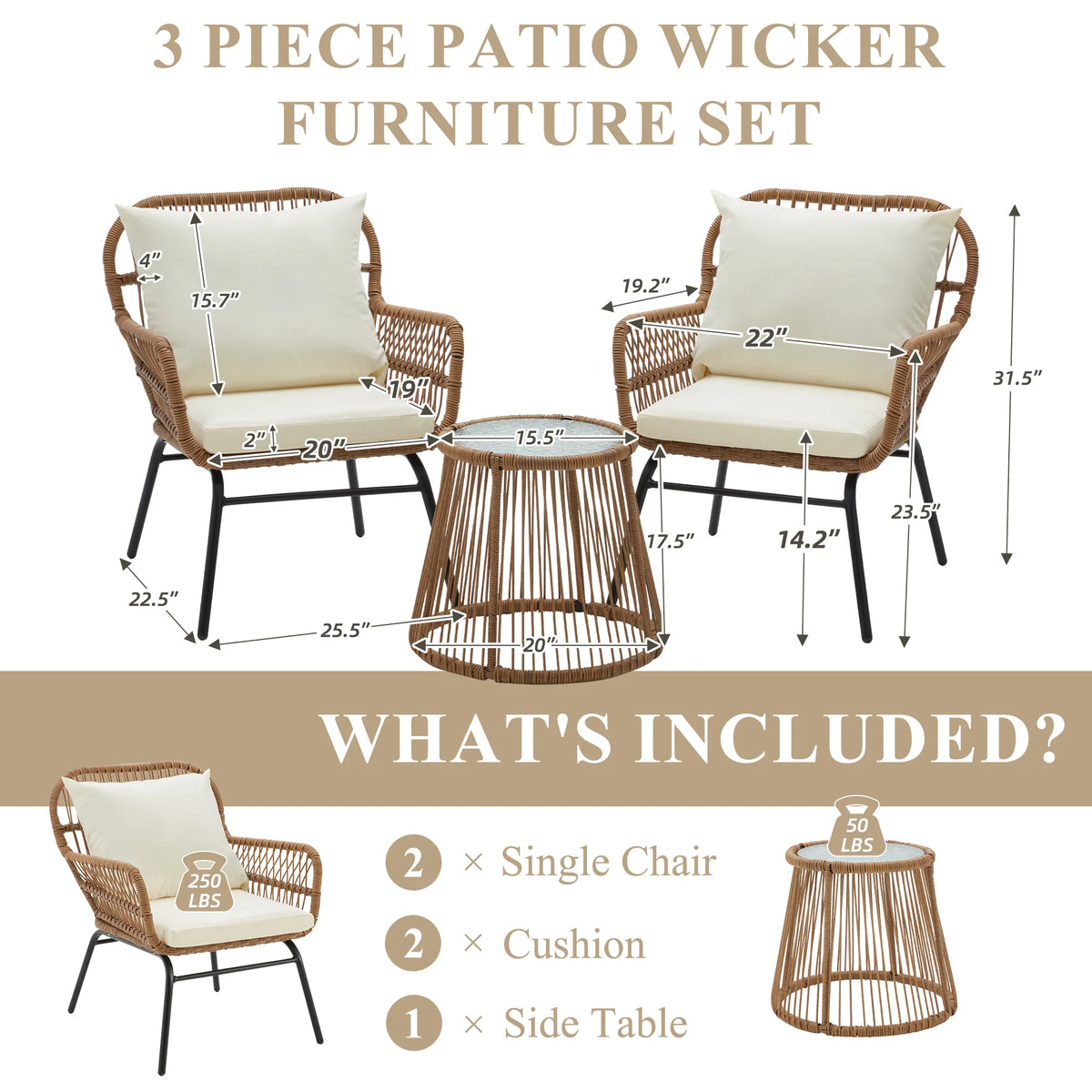 Bezseller 3-Piece Outdoor Wicker Furniture Set, Patio Conversation Set, Gray