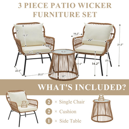 Bezseller 3-Piece Outdoor Wicker Furniture Set, Patio Conversation Set, Gray