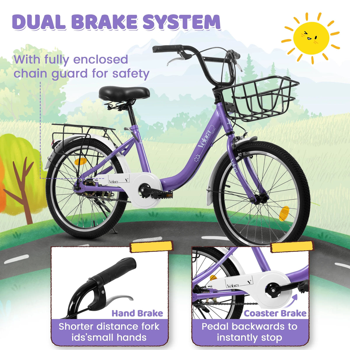 20 Inch Kids Bike for Boys Girls, 1 Speed Children Bicycle with Basket, Rear Seat, Chain Guard, Coaster Brake and V-Brake, Steel Frame Kids Bike for Ages 6-12 Years Old Birthday Gift, Purple
