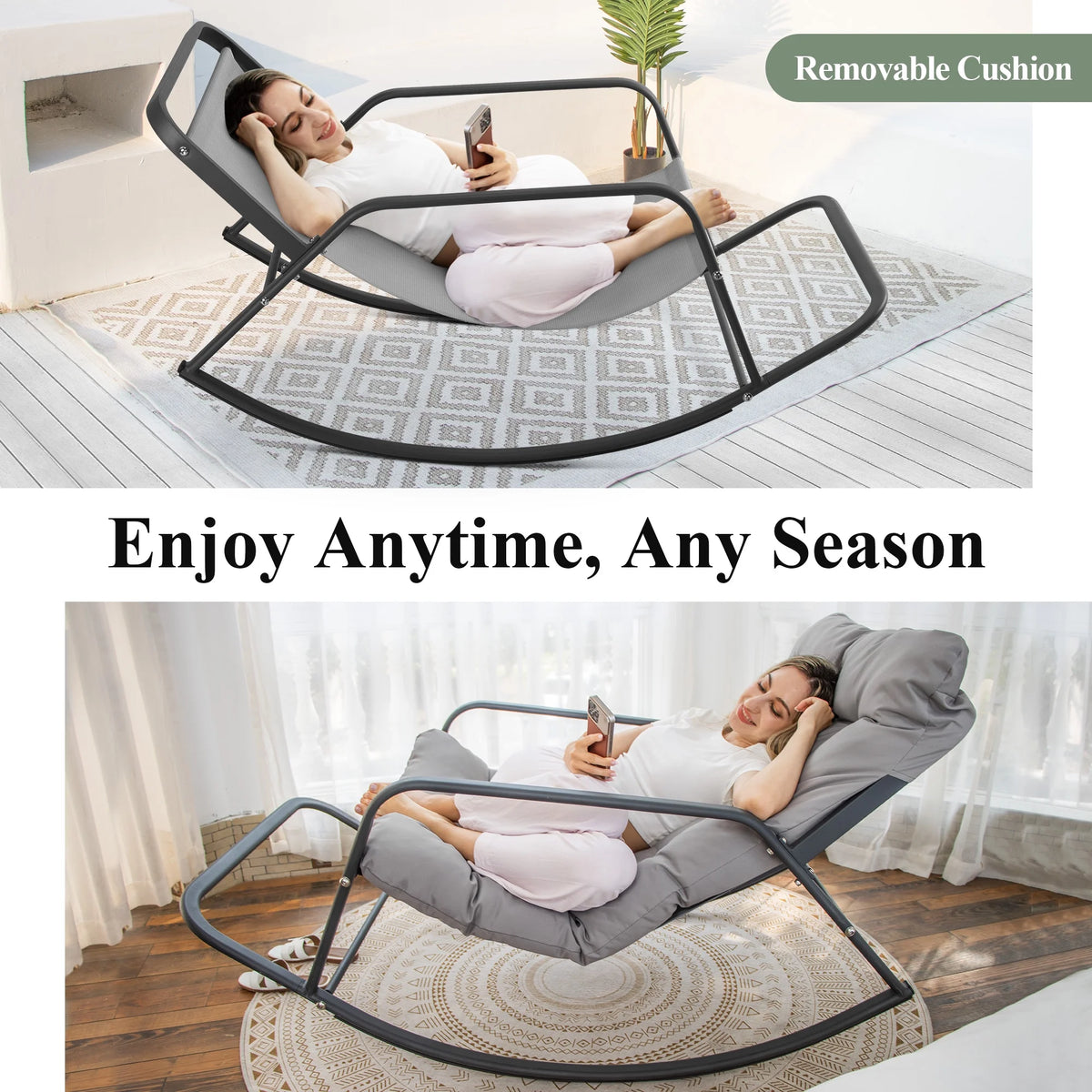 RADIATA Oversized Rocking Chair with Footrest, RADIATA Patio Papasan Rocking Recliner for Indoor Outdoor Use, Heavy Duty Wicker Lounge Chair, 450lbs, Beige