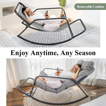 RADIATA Oversized Rocking Chair with Footrest, RADIATA Patio Papasan Rocking Recliner for Indoor Outdoor Use, Heavy Duty Wicker Lounge Chair, 450lbs, Beige