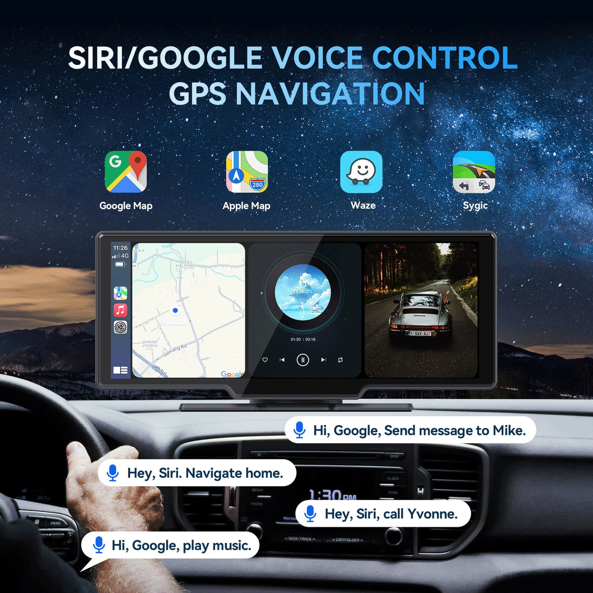 10.26�� Wireless Apple Carplay Screen with Android Auto, 4K Dash Cam, Backup Camera, Bluetooth, GPS, Voice Control