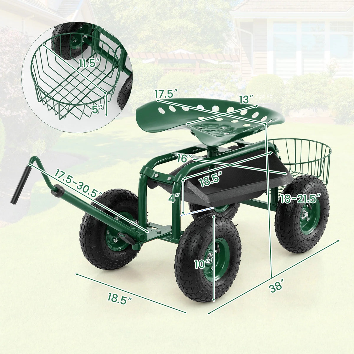 Costway Garden Cart Rolling Work Seat for Planting with Extendable Handle Green