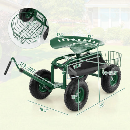 Costway Garden Cart Rolling Work Seat for Planting with Extendable Handle Green