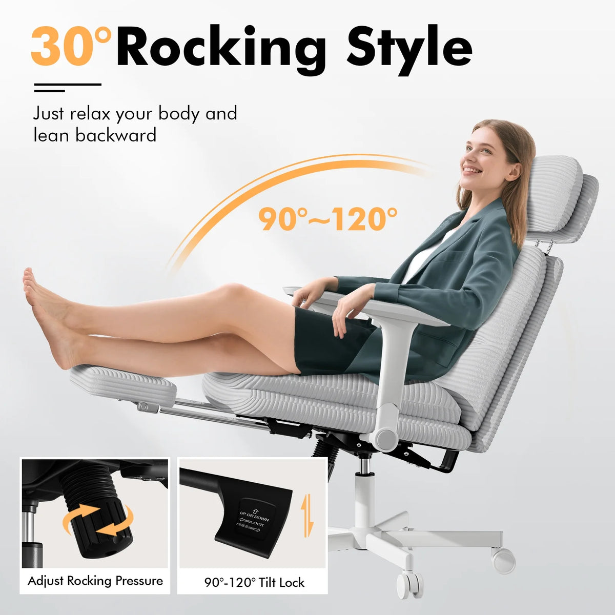 Solfway Criss Cross Chair with Wheels & Flip-up Arms, Executive Office Chair with Foot Rest, Swivel Cross Legged Office Chair, White Corduroy Fabric Comfy Computer Desk Chair, Vanity Chair for Home