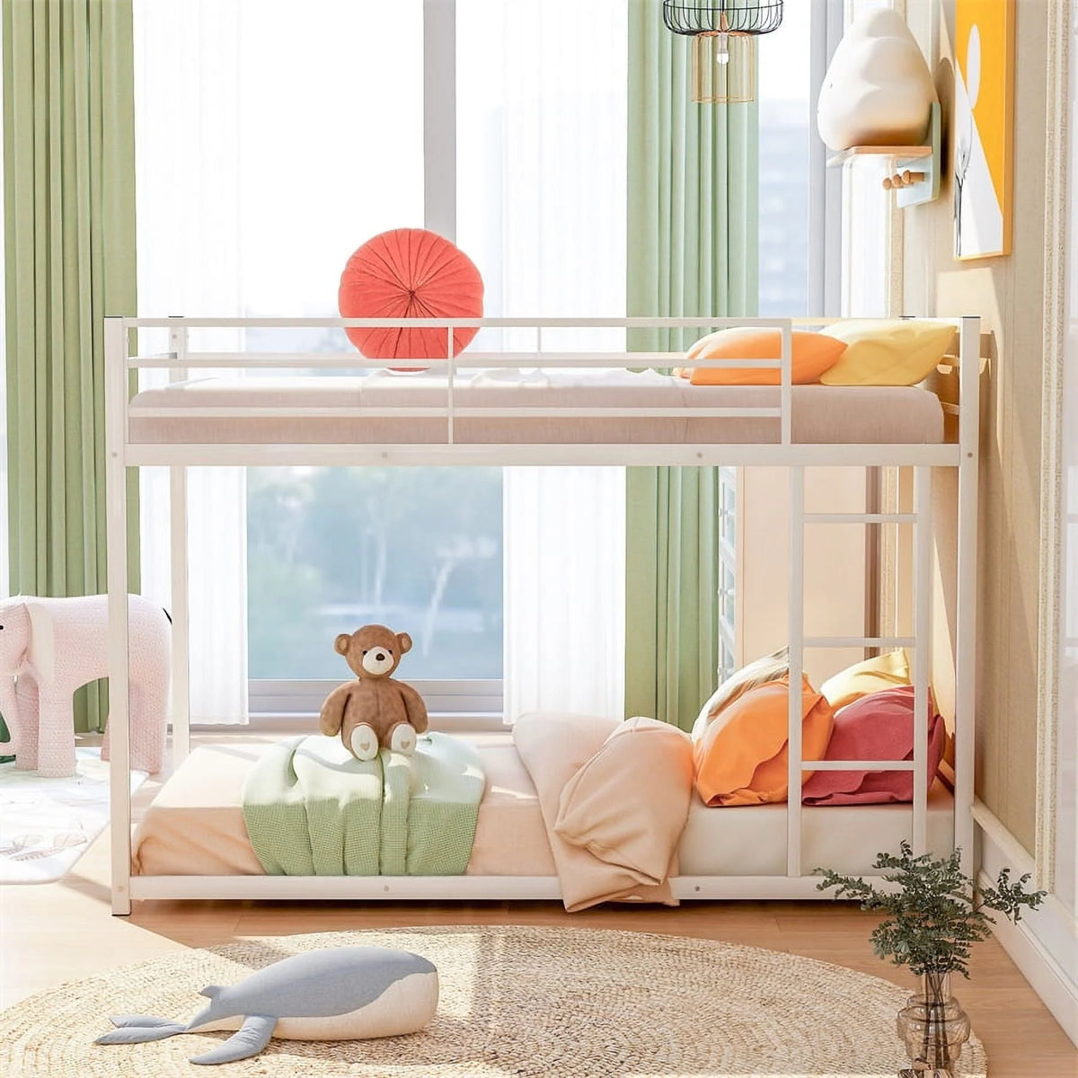 Twin Over Twin Metal Bunk Bed, Low Twin Bunk Bed With Safety Guardrail and Ladder,No Box Spring Needed,Steel Bunk Bed Platform Suitable for Girls Boys Teens, White