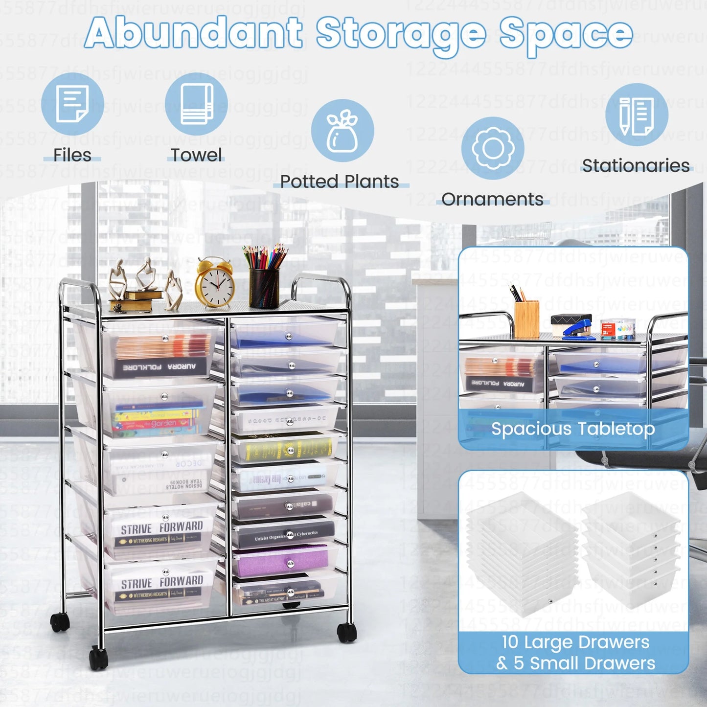 Costway 15 Drawer Rolling Storage Cart Tools Scrapbook Paper Office School Organizer White