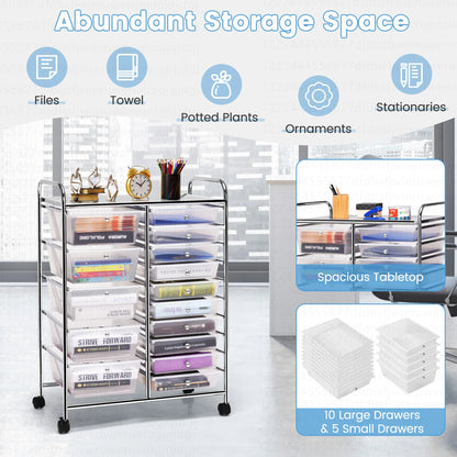 Costway 15 Drawer Rolling Storage Cart Tools Scrapbook Paper Office School Organizer White
