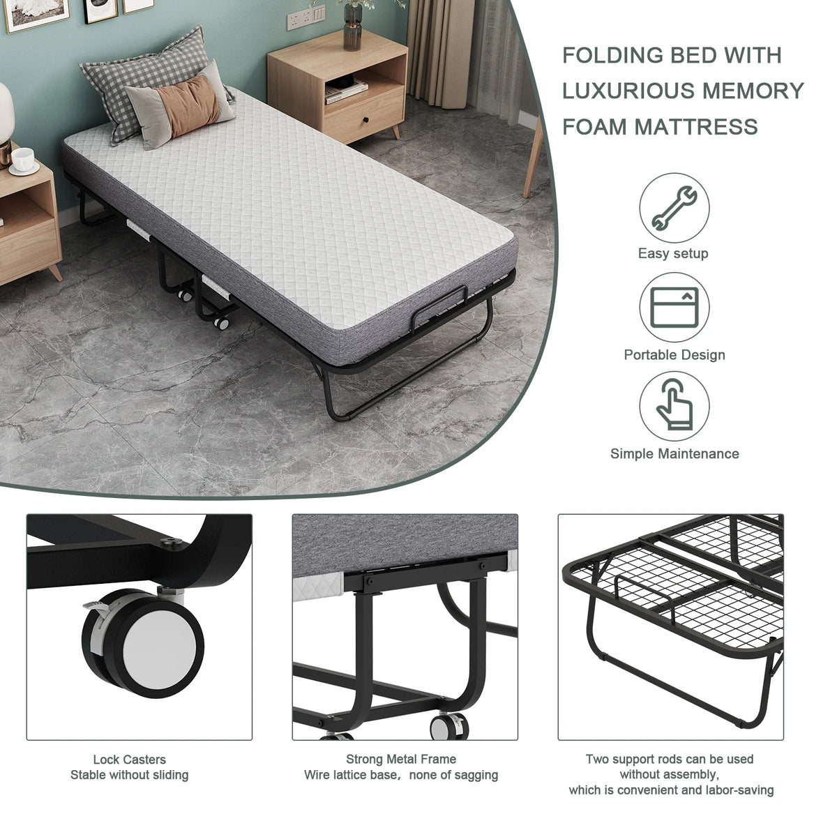 Folding Bed with Mattress 75" x 31" Cot Size Folded Bed, Rollaway Guest Bed Portable Foldable Extra Bed for Adults Daybed with 5" Memory Foam Mattress Space-Saving Sturdy Metal Grid Frame