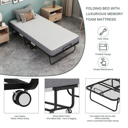 Folding Bed with Mattress 75" x 31" Cot Size Folded Bed, Rollaway Guest Bed Portable Foldable Extra Bed for Adults Daybed with 5" Memory Foam Mattress Space-Saving Sturdy Metal Grid Frame
