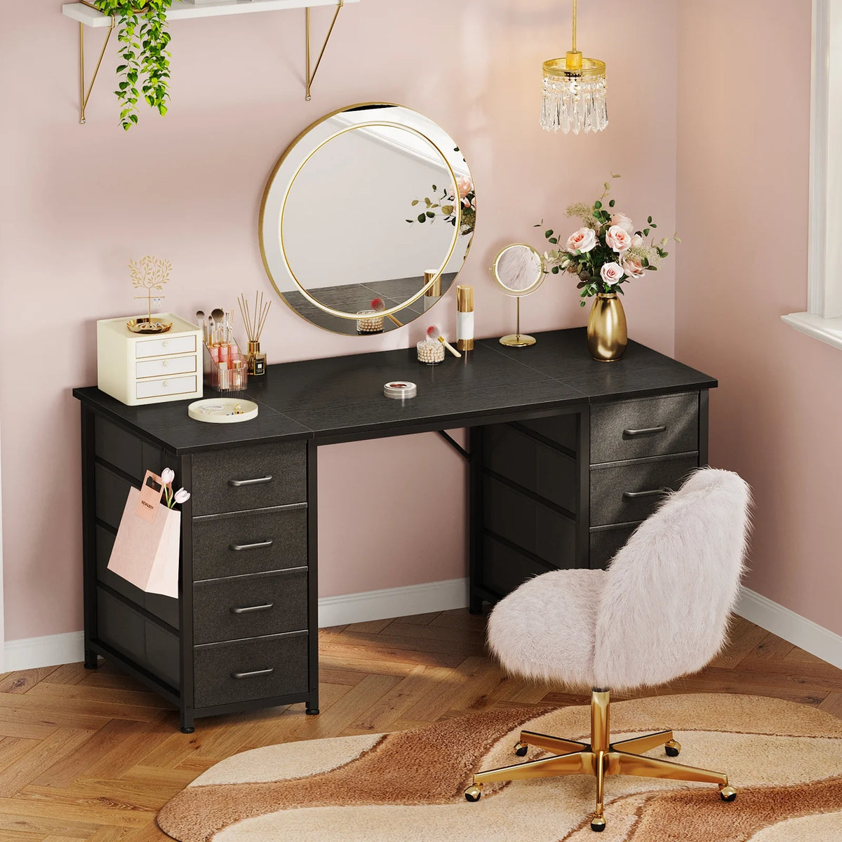 White Computer Desk with Drawers for Storage - 48 inch Home Office Desk with 8 Fabric Drawers, Writing Study Desk with Drawers on Both Sides for Bedroom