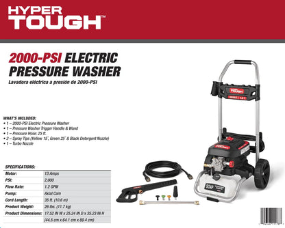 Hyper Tough 2000 PSI at 1.2 GPM 120 V Electric Powered Cold Water Pressure Washer