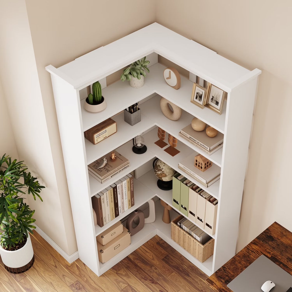 EuKer 5 Tier Corner Bookcase, L-Shaped Bookshelf with Large Storage Capacity for Living Room, Bedroom, Office (Half Panel, Retro Brown)