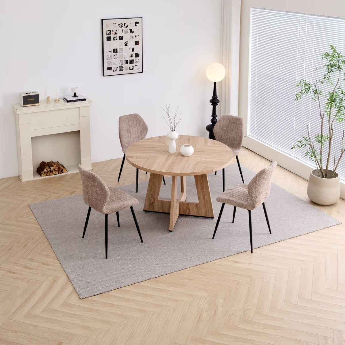 5 Piece 47'' Round Dining Table Chairs Set for 4, Farmhouse Gray Kitchen Table with 4 Boucle Mid Century Modern Dinning Room Chairs, Wood Dinner Table &Upholstered Chair Set of 4, Beige