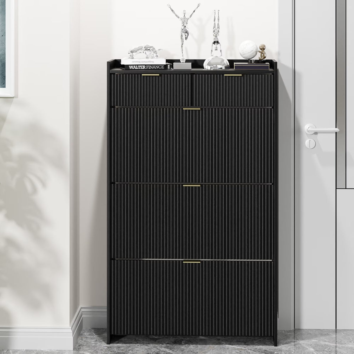 Shoe Cabinet, Free Standing Tipping Bucket Shoe Rack Organizer with 3 Flip Drawers, Modern Entryway Narrow Shoe Rack with 2 Drawers & Top Storage, for Hallway Bedroom, Walnut