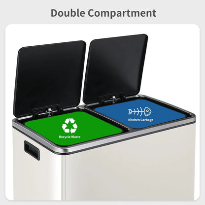 Arlopu 60 L/16 gal Dual Trash Can, Stainless Steel Garbage Can for Kitchen, Recycle Bin with Lid