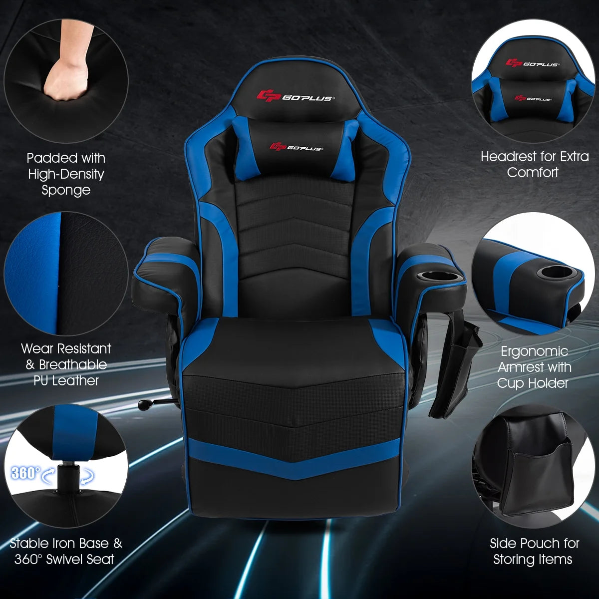 Goplus Massage Gaming Recliner Reclining Racing Chair Swivel Black
