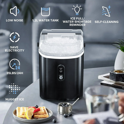 Auseo SS Nugget Countertop Ice Maker with Soft Chewable Ice, 35Lbs/24H, Self-Cleaning, Ice Scoop, Stainless Steel Silver, for Kitchen/Office/Party
