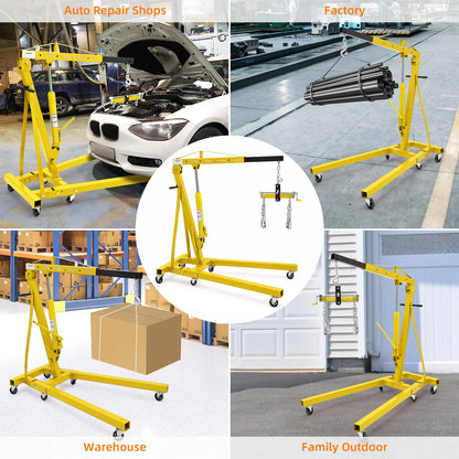 GARVEE 2 Ton Folding Hydraulic Engine Hoist with Lever,Folding Engine Shop Crane Hoist Lift,Heavy Cherry Picker with 6 Wheels for Garage,Workshop,Yellow