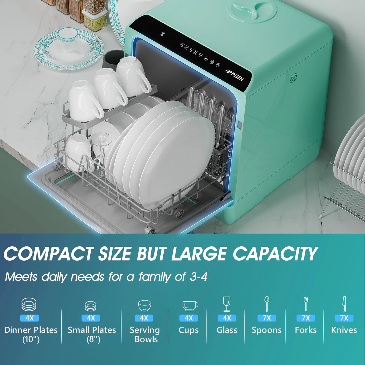 AIRMSEN Portable Countertop Dishwasher with 5-Liter Built-in Water Tank and Air-Dry Function, 5 Washing Programs Mini Dishwasher, AE-TDQR03