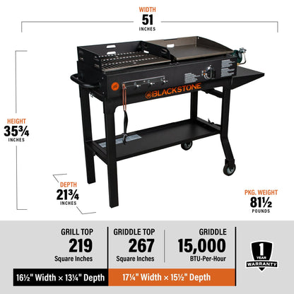 Blackstone Duo 17" Propane Griddle and Charcoal Grill Combo