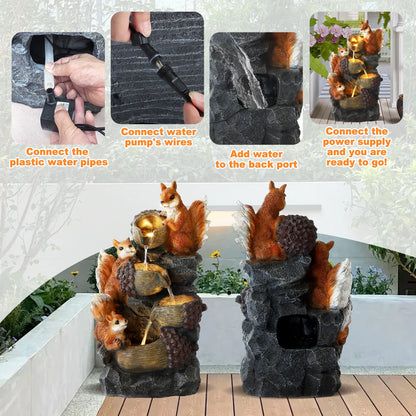 Magic Union Outdoor Water Fountain, Waterfall Indoor Outside Cascading Rock Fountain Garden Decor with Squirrels Decorations, 3 Pinecone-Shaped Rocks Patio Resin Fountains for Yard, Porch and Home