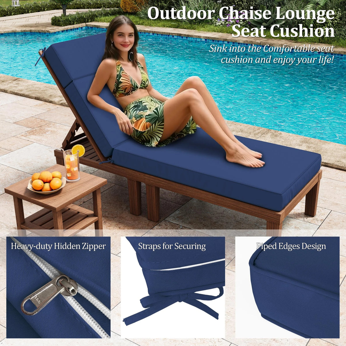 Kimunuk Outdoor Chaise Lounge Cushions set of 2, 80" x 26" x 4" Waterproof Pool Beach Recliner Replacement Cushions with Ties, Navy