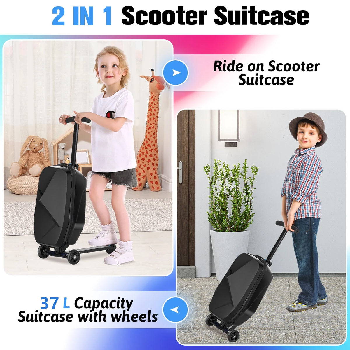 Advwin Scooter Luggage for Kids & Adults, Hardside Ride on Suitcase for Kids Ages 4-15 Multifunctional Lightweight Foldable Carry on Luggage with Wheels Ride on for Children Teenagers, Pink