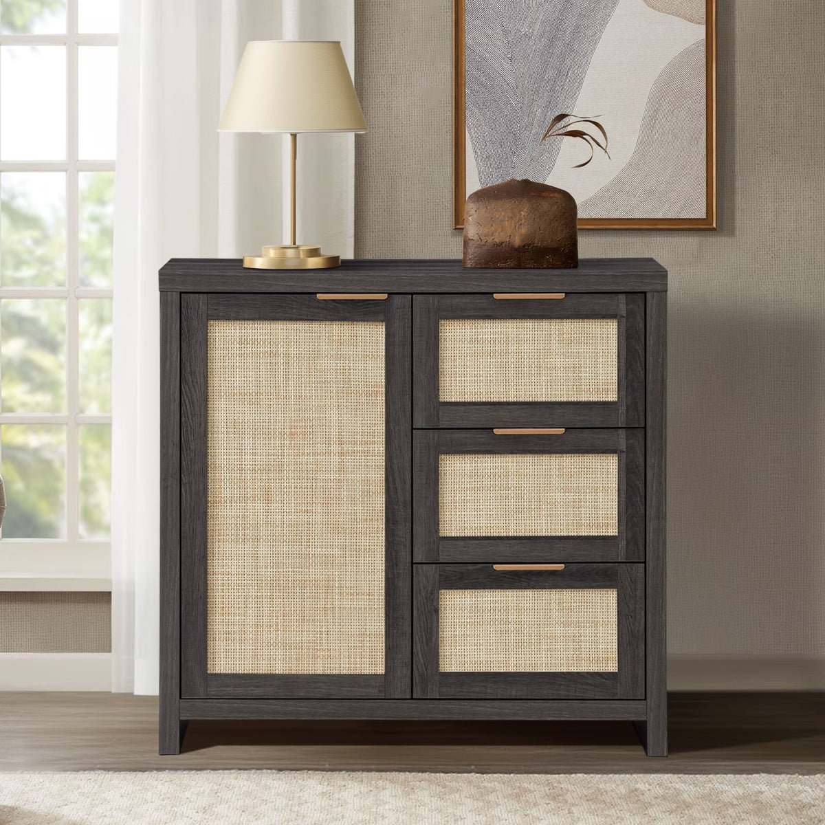 ARKANTOS Sideboards and Buffets, Boho Storage Cabinets with Rattan Doors and Drawers, Natural Oak