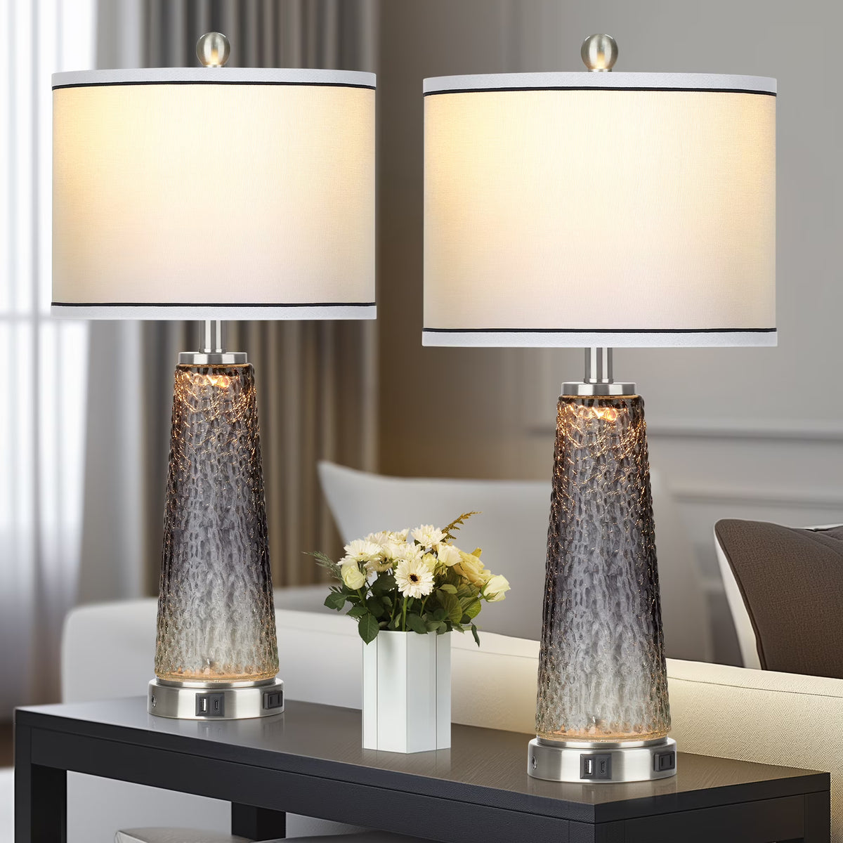 Cinkeda Modern Table Lamp Set of 2 for Bedroom Living Room with USB A+C Ports AC Outlet Gradient Grey Glass Nightlight Nightstand Bedside Lamps