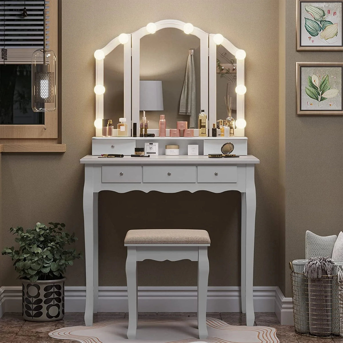 Makeup Vanity Set Desk Table with with Lights & Tri-Folding Mirror,Dressing Table with Cushion Stool & 5 Drawers, White