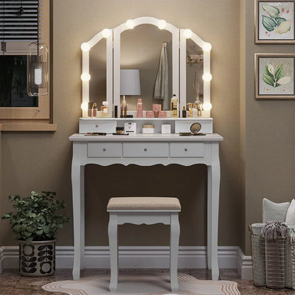 Makeup Vanity Set Desk Table with with Lights & Tri-Folding Mirror,Dressing Table with Cushion Stool & 5 Drawers, White