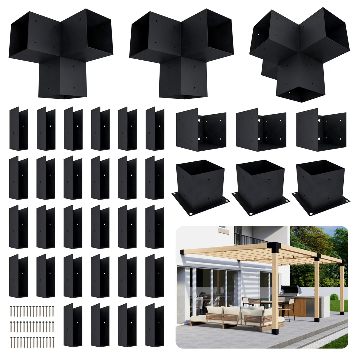 DIY Modern Deck Pergola Bracket Kit for Up to 12 x 22 Pergola Attached to Deck - Metal 6x6 Brackets for DIY Wood Pergola (Lumber Not Included)