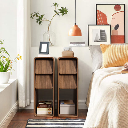 End Tables Set of 2, Small Side Table, Slim Side Table, Wood 2 Drawer Narrow Nightstand