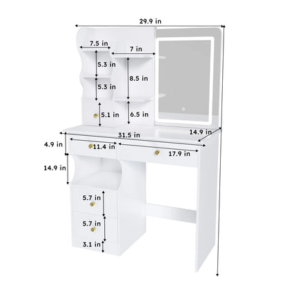 Montary Modern Mini Vanity w/Adjustable LED Mirror + Hidden Storage, Padded Stool & Dustproof Shelves (White)
