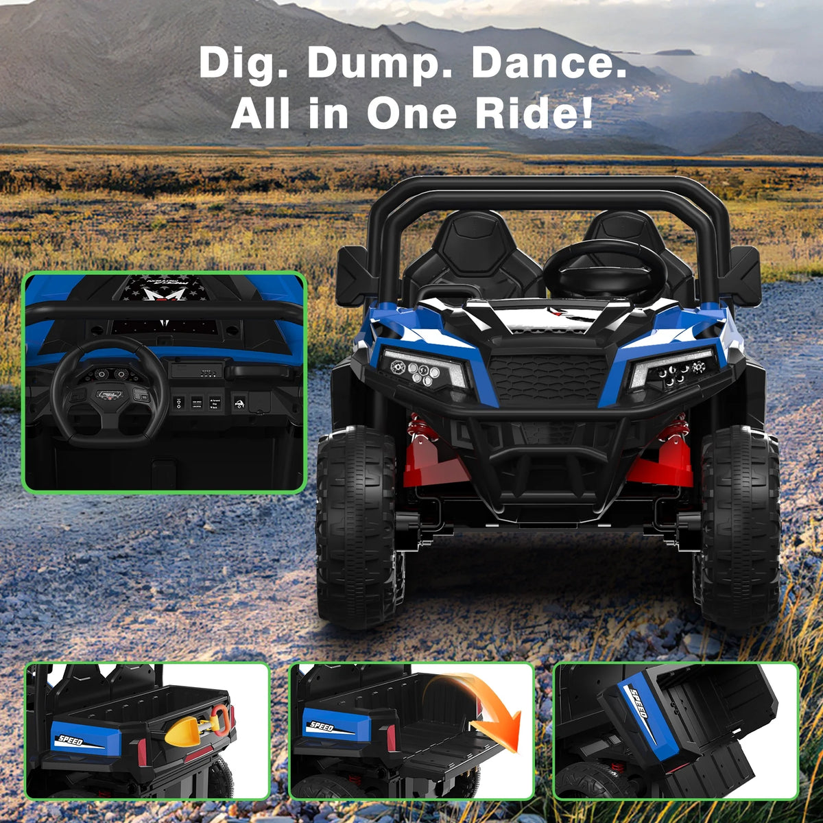 Mega Motion 24V Kids Electric Ride-On UTV Truck with 4WD, Dump Bed, 2 Seats, LED Lights, Music, Remote Control, Shovel, for Boys & Girls