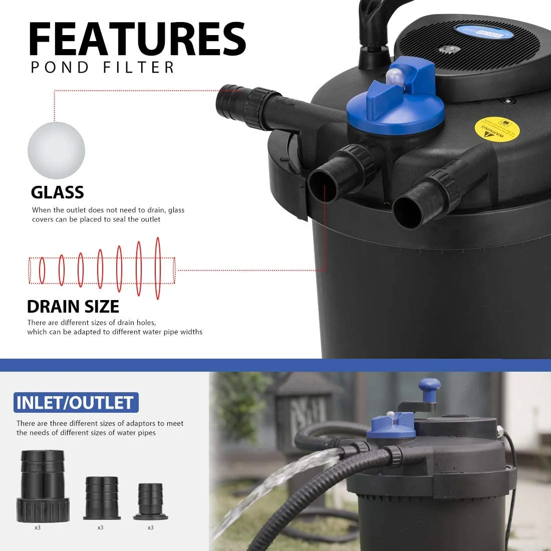 SPECSTAR Pressurized Biological Pond Filter with 13-watt Light, 1580 GPH Suitable for Koi Ponds up to 800 Gallons or Ornamental Ponds up to 1600 Gallons