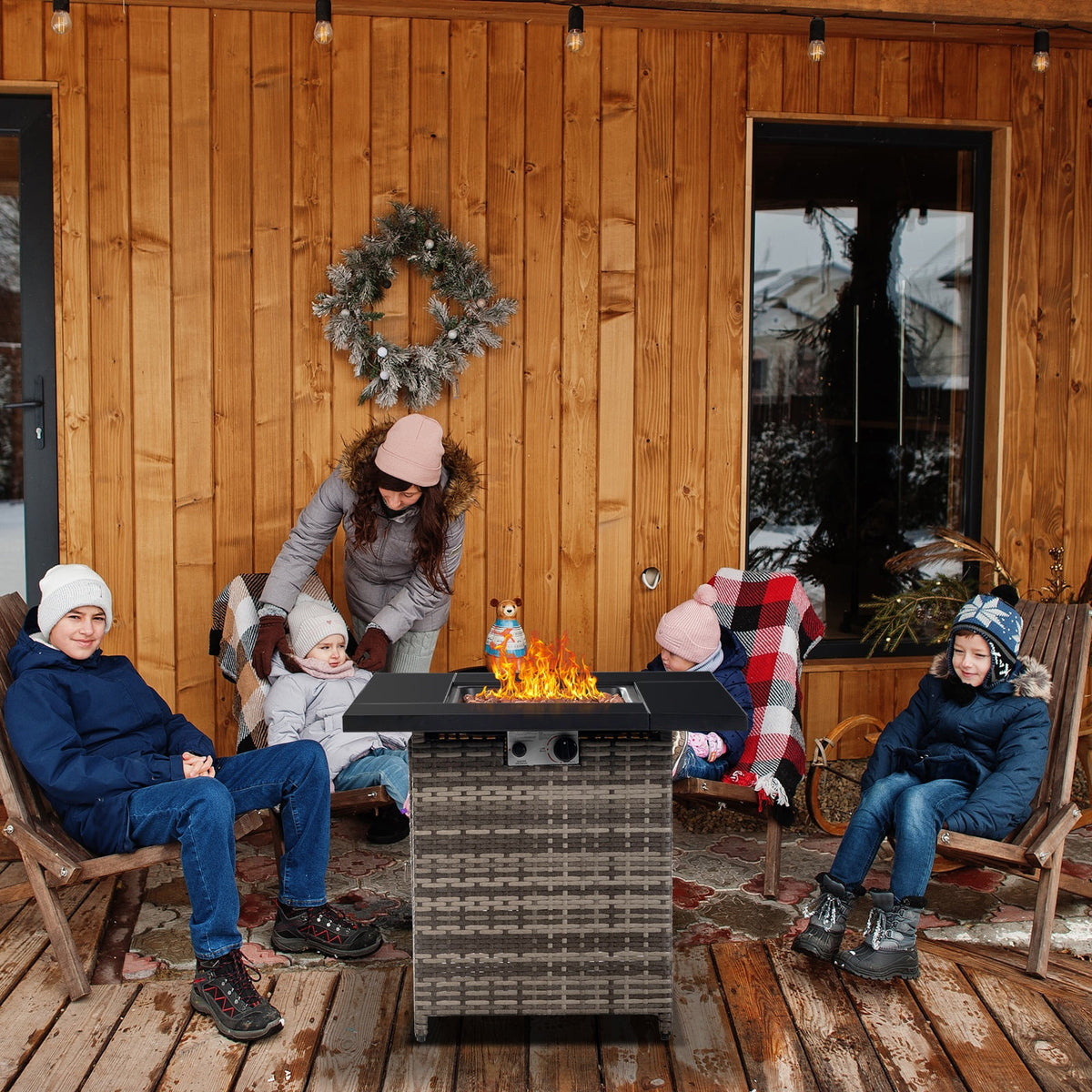 28" Fire Pit Table, Propane Fire Pit with Lid, Lava Rocks, 50000 BTU Outdoor Gas Fire Pit, Metal Square Propane Fire Pit for Outside Garden Backyard Deck Patio, Brown, LLL4008